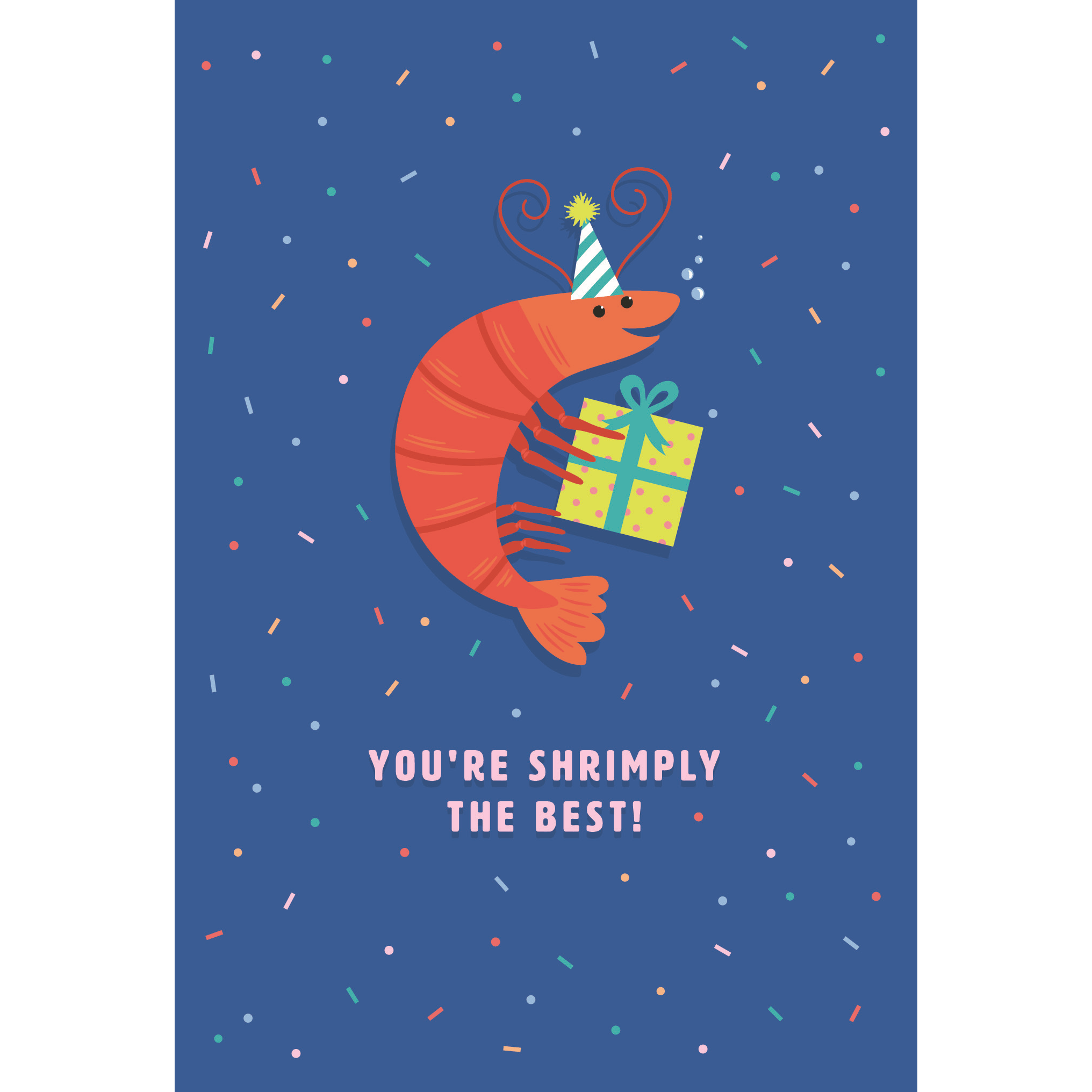 Colorful Shrimply The Best birthday card by Pictura featuring playful shrimp illustrations on an everyday greeting card.